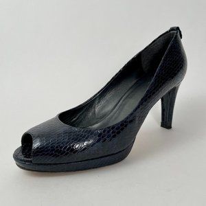 Stuart Weitzman Navy Blue Snakeskin Embossed Leather Peeptoe Heels Pumps, Sz 10
